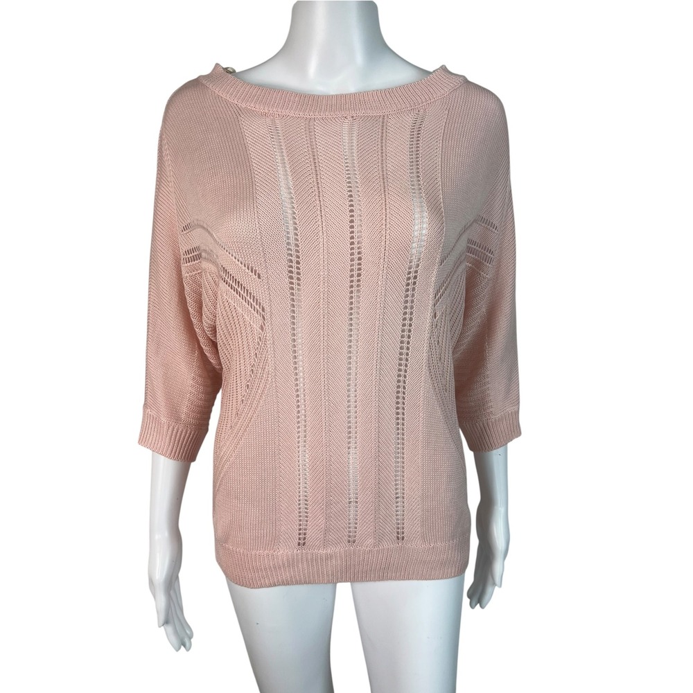 New York & Co Womens Sweater Pink Pointelle Knit 3/4 Sleeve Soft Girl Size S